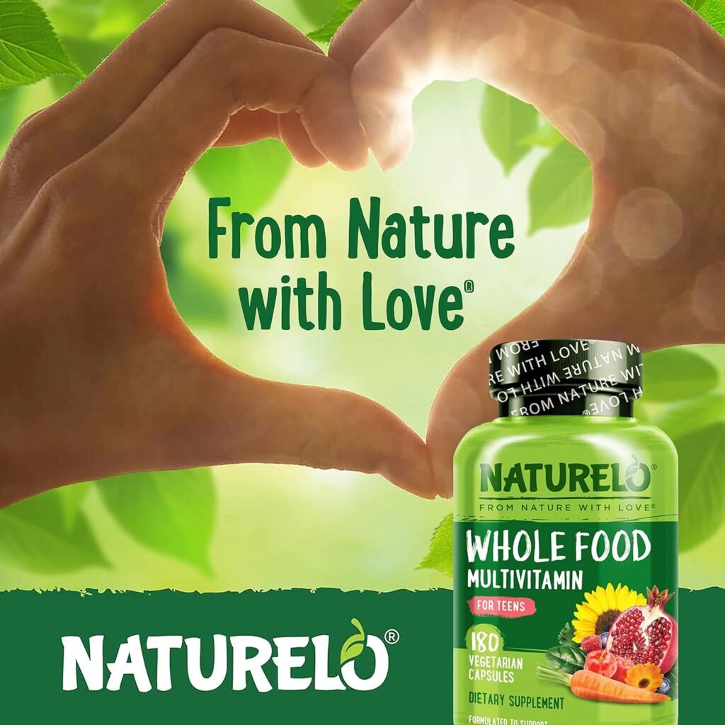 NATURELO Whole Food Multivitamin for Teens - Vitamins and Minerals for Teenage Boys and Girls - Supplement for Active Kids - with Organic Whole Foods - Non-GMO - Vegan  Vegetarian - 180 Capsules