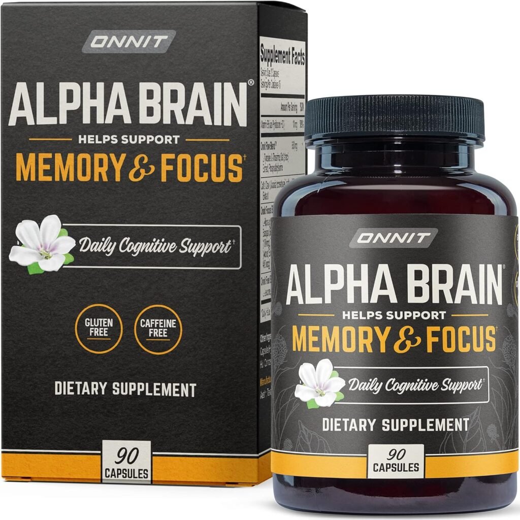 ONNIT Alpha Brain Premium Nootropic Brain Supplement, 90 Count - Caffeine-Free Focus Capsules for Concentration, Brain Booster  Memory Support - Cats Claw, Bacopa, Oat Straw