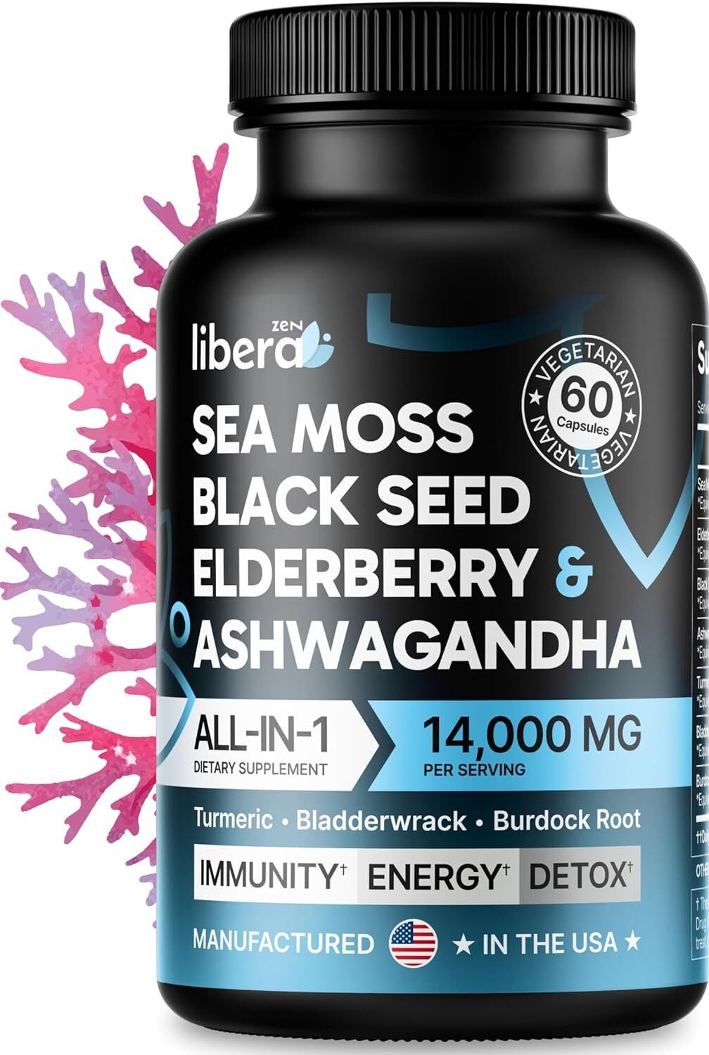 Sea Moss Capsules, All-in-One Irish Sea Moss Pills, Black Seed Oil, Elderberry Fruit, Ashwagandha Powder, Burdock Root  Bladderwrack, SeaMoss Multimineral  Multivitamin Supplements 14,000mg