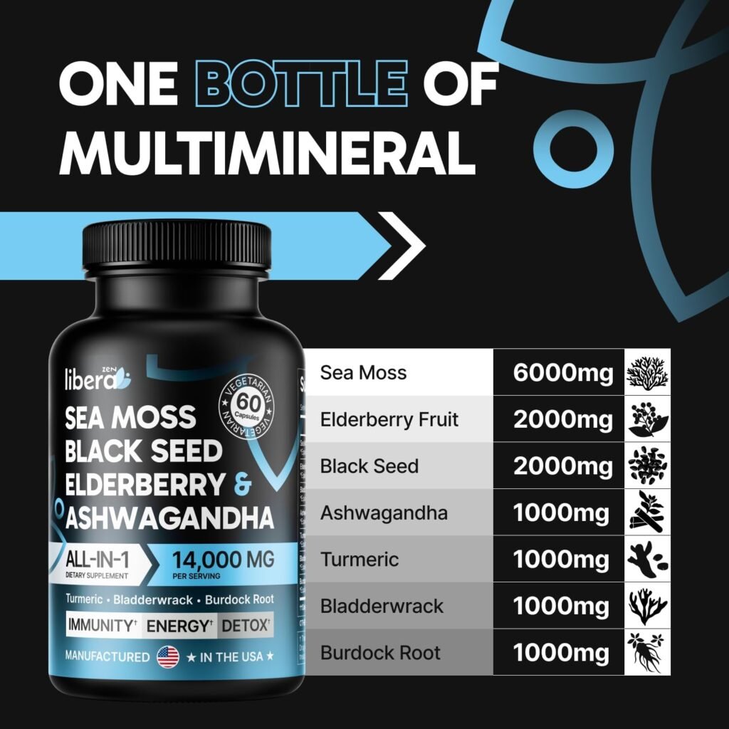 Sea Moss Capsules, All-in-One Irish Sea Moss Pills, Black Seed Oil, Elderberry Fruit, Ashwagandha Powder, Burdock Root  Bladderwrack, SeaMoss Multimineral  Multivitamin Supplements 14,000mg