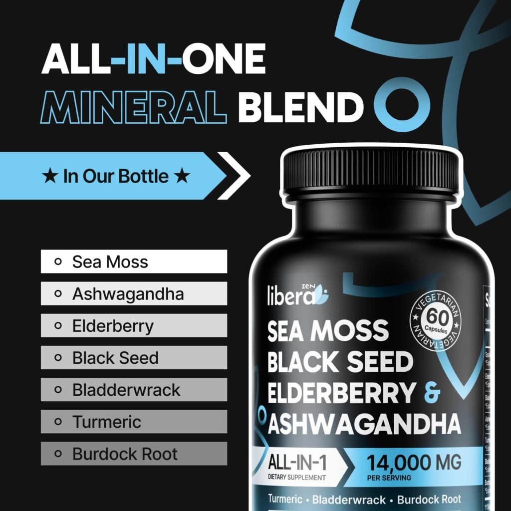 Sea Moss Capsules, All-in-One Irish Sea Moss Pills, Black Seed Oil, Elderberry Fruit, Ashwagandha Powder, Burdock Root  Bladderwrack, SeaMoss Multimineral  Multivitamin Supplements 14,000mg